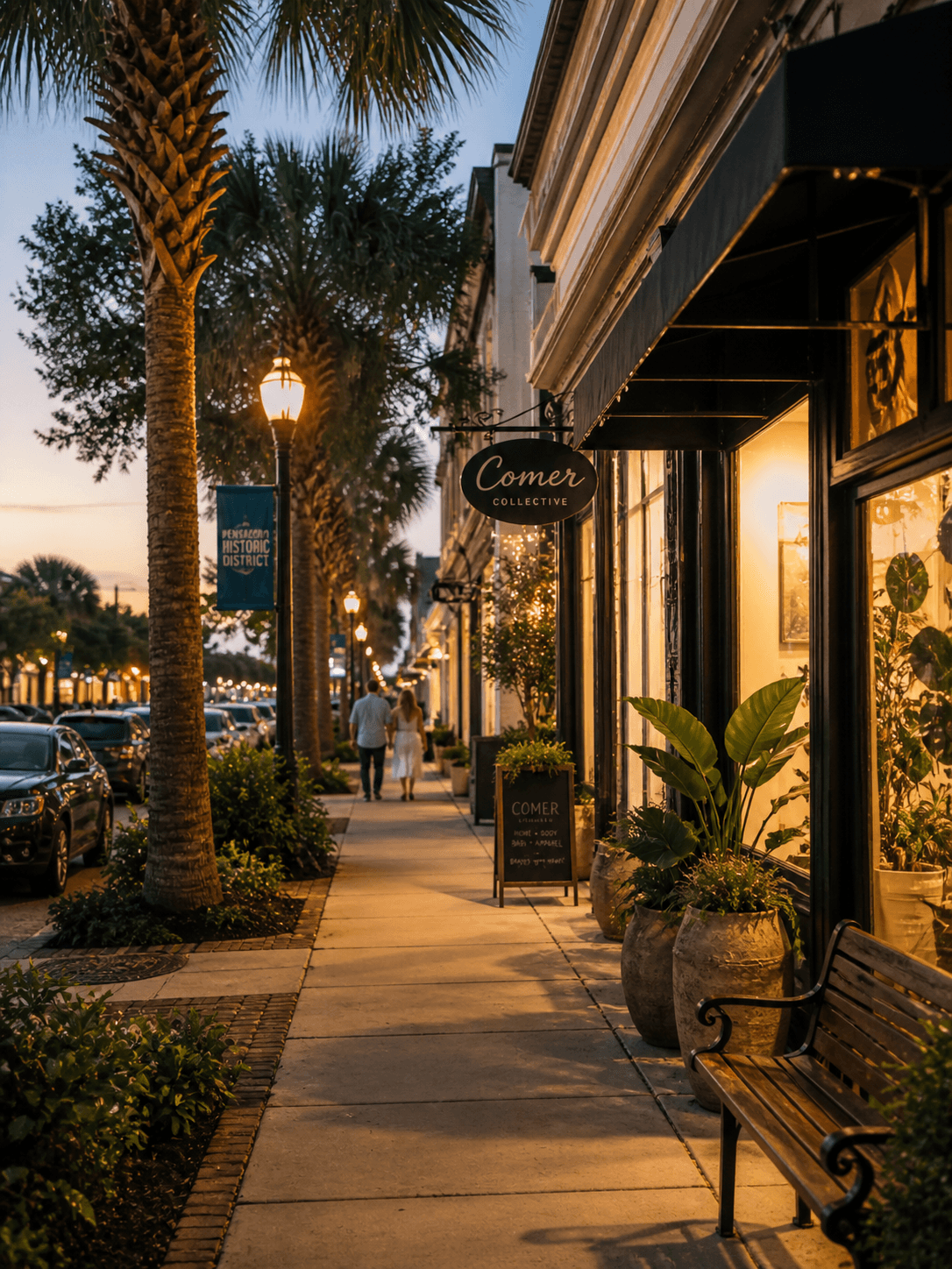 Walkable downtown Pensacola street with palms