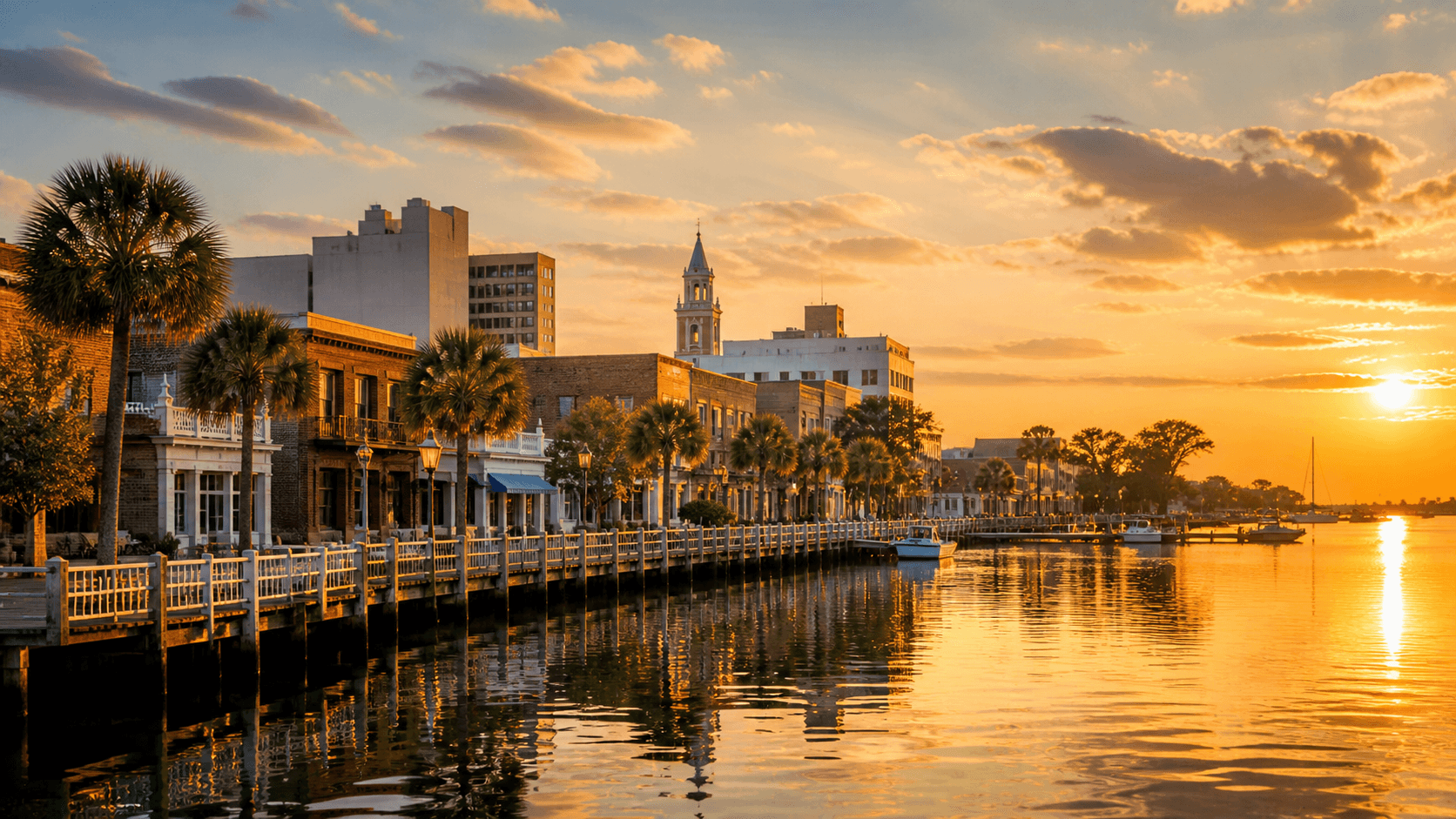 Pensacola Bay at golden hour with historic downtown skyline