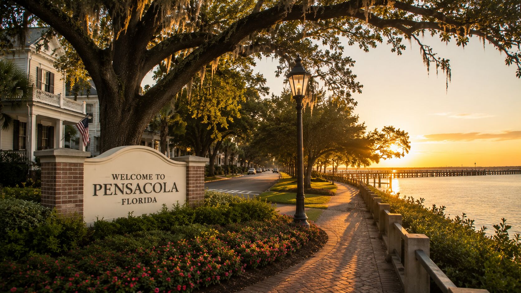 Welcoming Pensacola neighborhood at golden hour with historic architecture