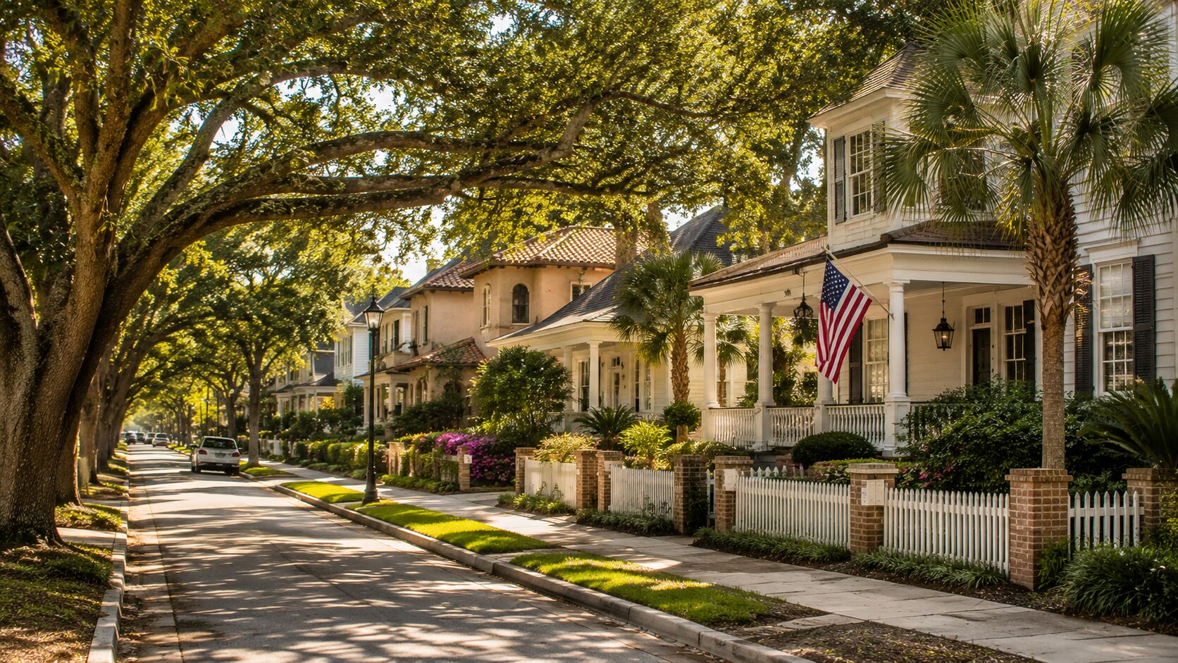 Tree-lined Pensacola street with classic Florida coastal architecture
