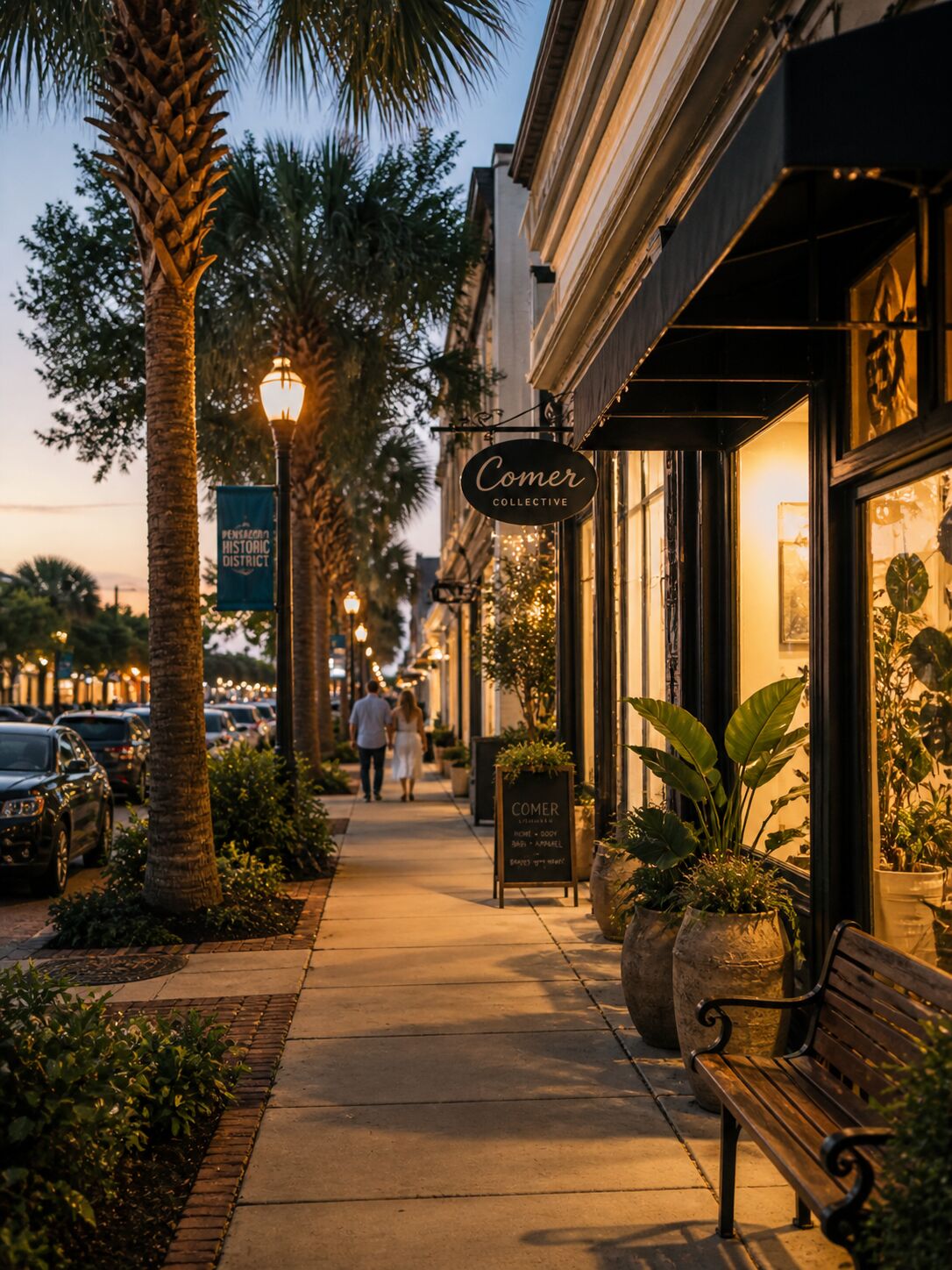 Walkable downtown Pensacola street with palms