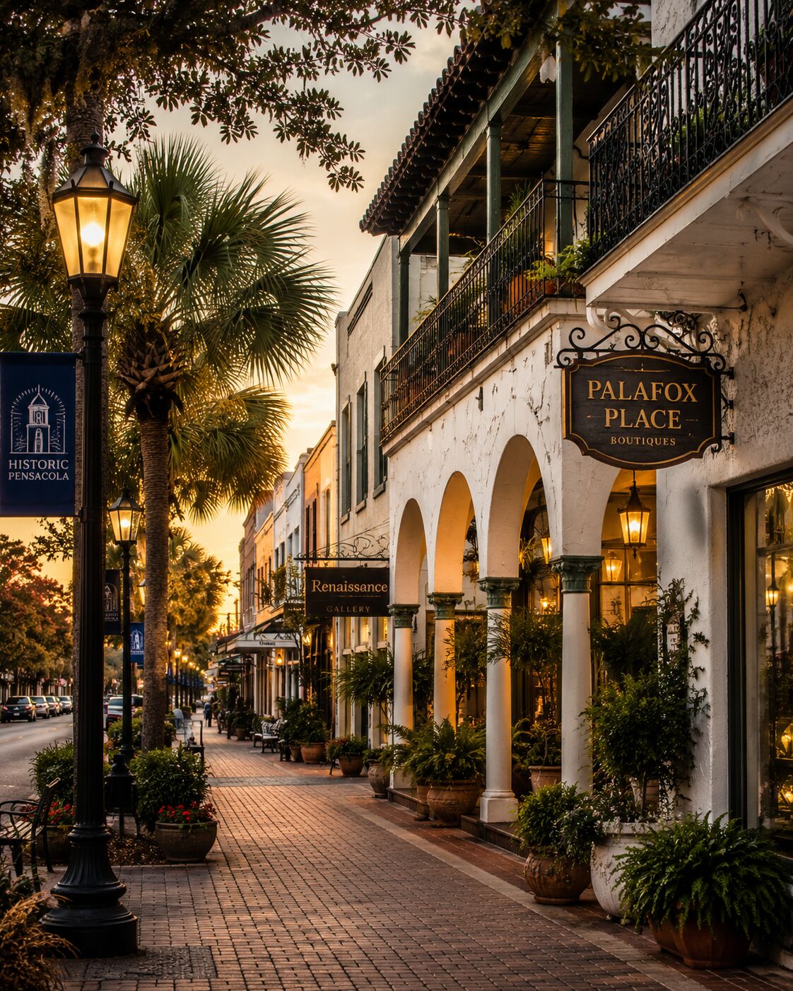 Historic downtown Pensacola street with restored architecture and palms