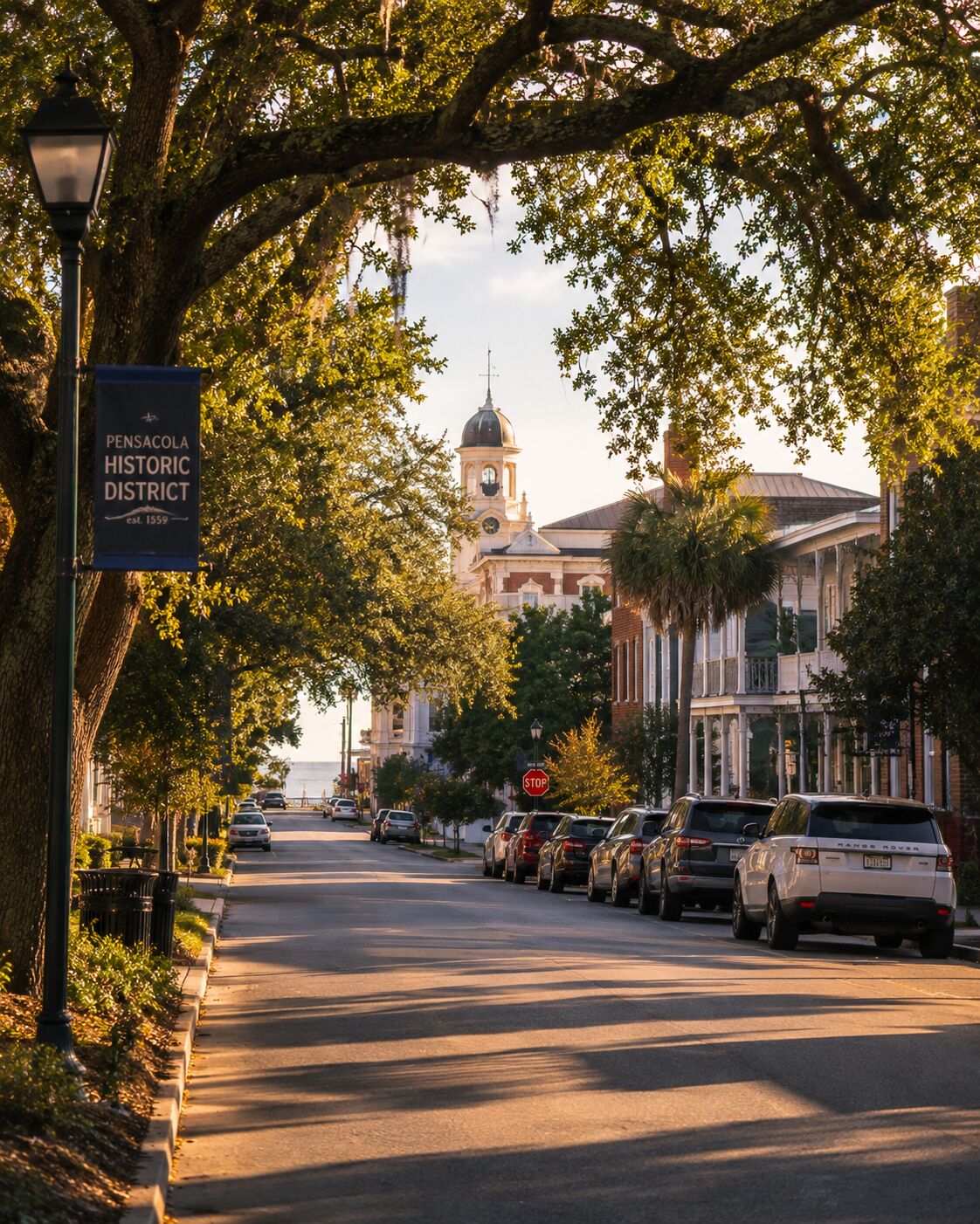 Welcoming Pensacola neighborhood street with mature oaks