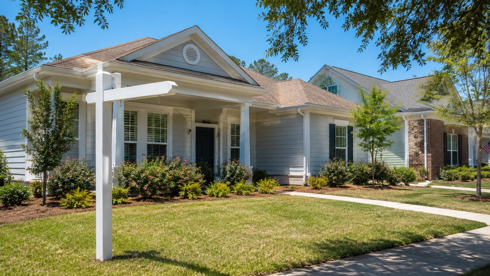 Pensacola home with a for-sale sign in the front yard on a bright spring afternoon