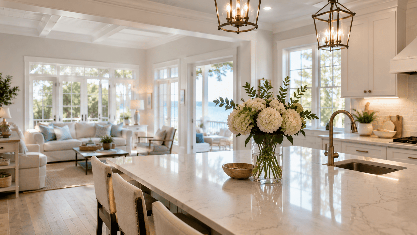 Well-staged bright Pensacola home interior with neutral tones, fresh flowers, and natural light streaming through clean windows