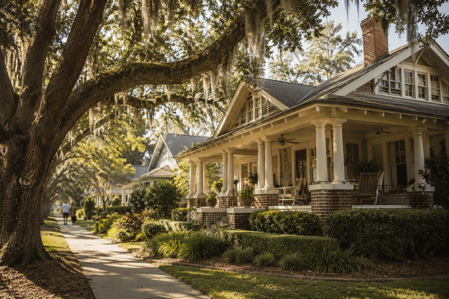 East Hill Pensacola historic bungalow with wrap-around porch and mature oak canopy on a quiet residential street