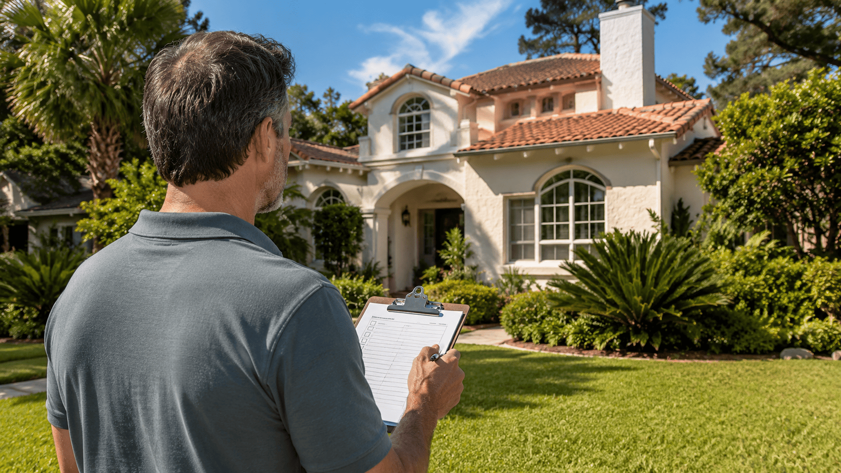 Homeowner reviewing a maintenance checklist on a clipboard in front of an older Pensacola home with a tile roof and lush landscaping
