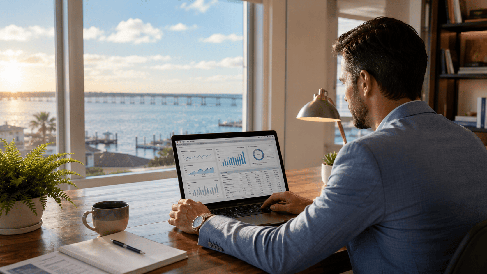 Real estate agent reviewing comparable market data on a laptop at a clean modern desk with Pensacola waterfront visible through window