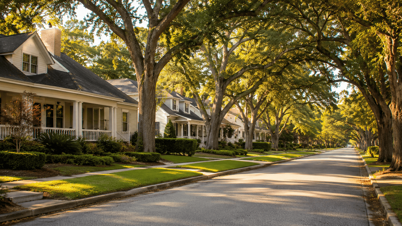 Established Pensacola neighborhood street with mature oak trees, well-maintained homes, and late afternoon golden light