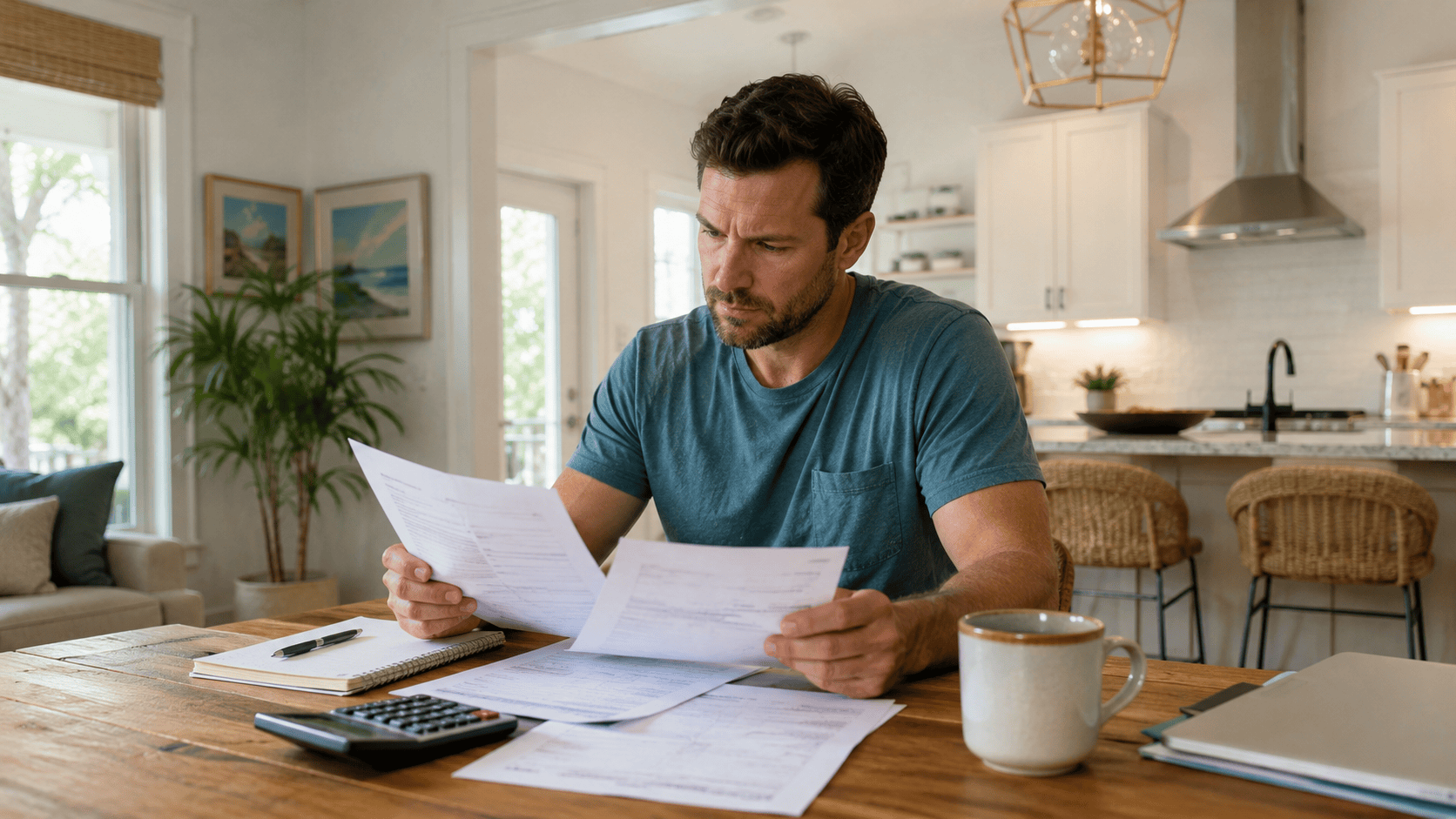 Person reviewing mortgage documents and insurance quotes at a kitchen table with a calculator and coffee in a bright Pensacola home