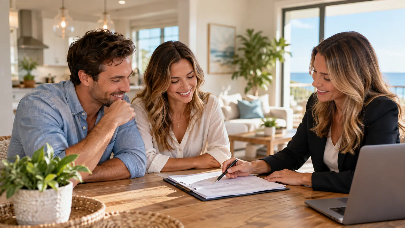 Buyer and real estate agent reviewing an offer document together at a Pensacola home