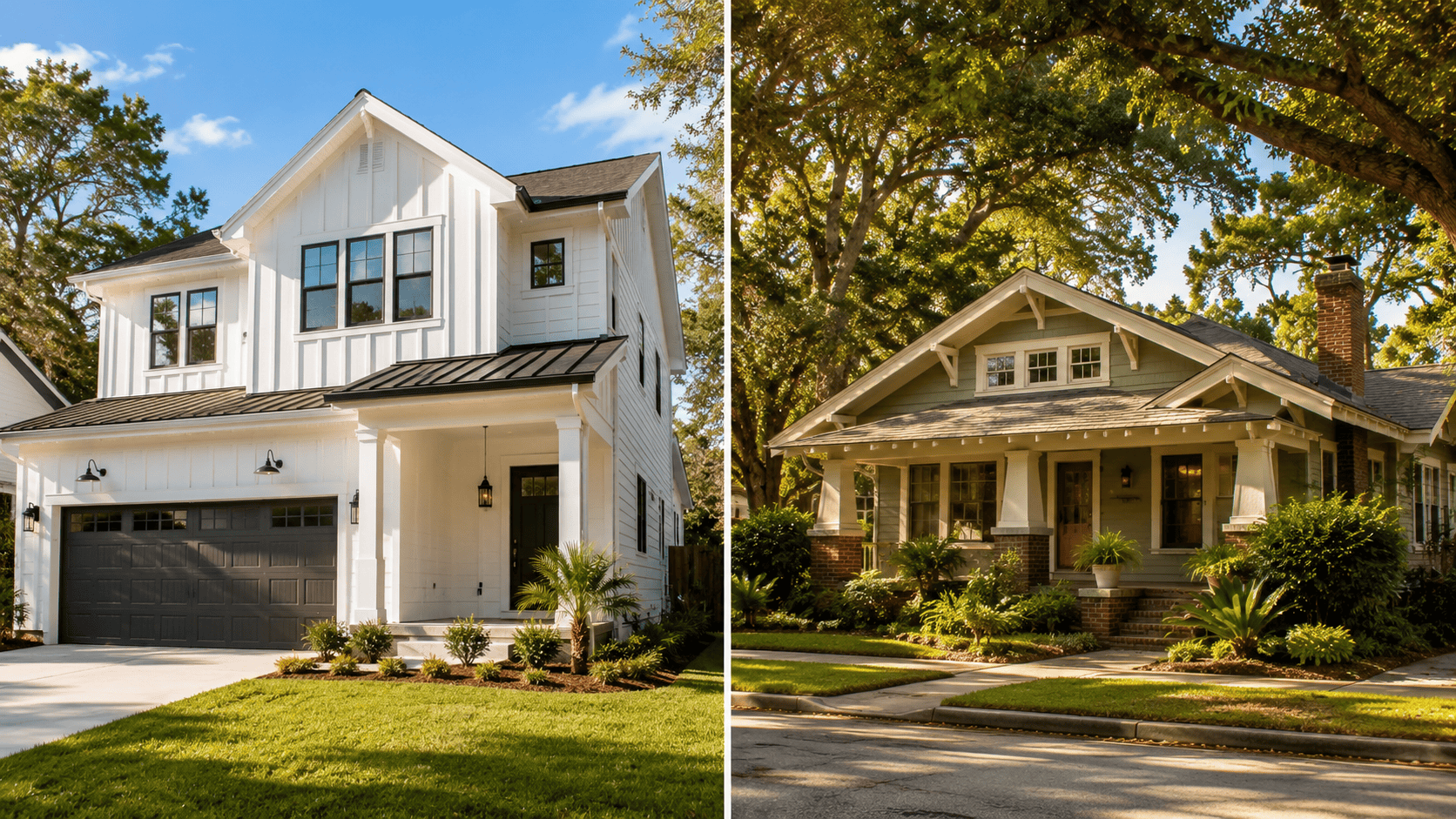 Side-by-side view of a newly built modern Pensacola home and a restored 1950s Craftsman bungalow on an established street with mature trees