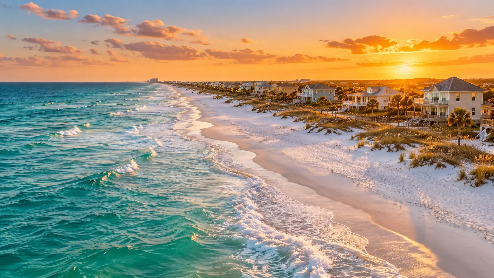 Pensacola Beach shoreline with white sand, turquoise water, and beach homes at golden hour