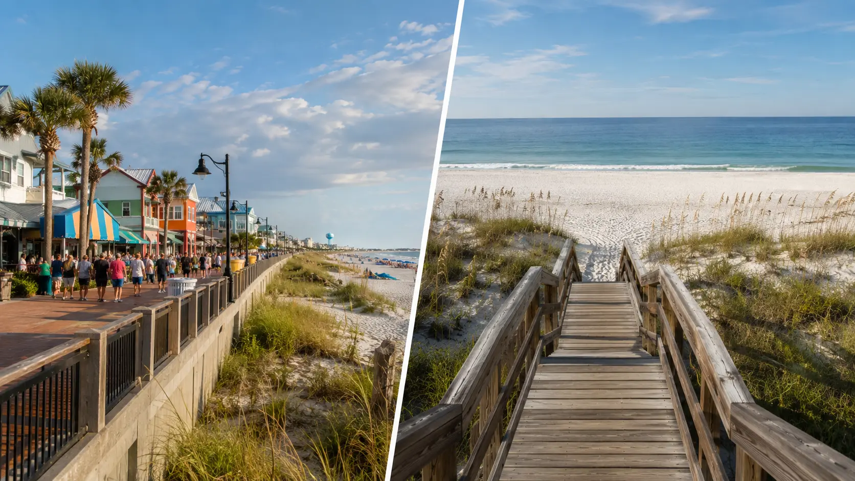 Split view of a Pensacola Beach boardwalk scene and a quiet Perdido Key dune walkover