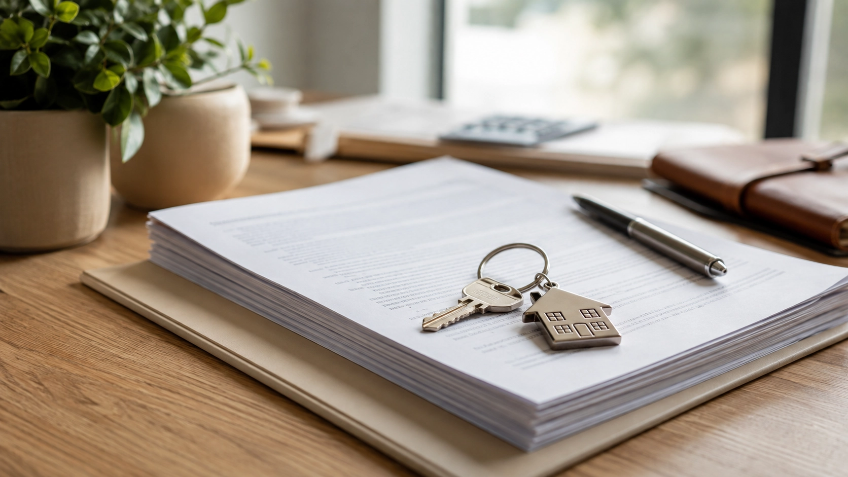 Closing table with documents, a house key, and pen at a Pensacola title company office