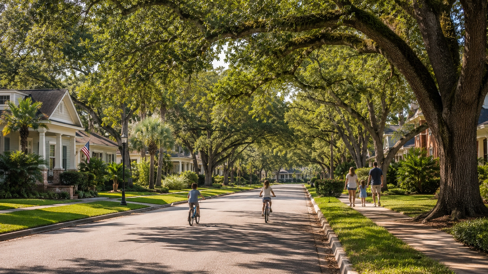 Tree-lined Pensacola residential neighborhood with families outdoors on a warm sunny afternoon