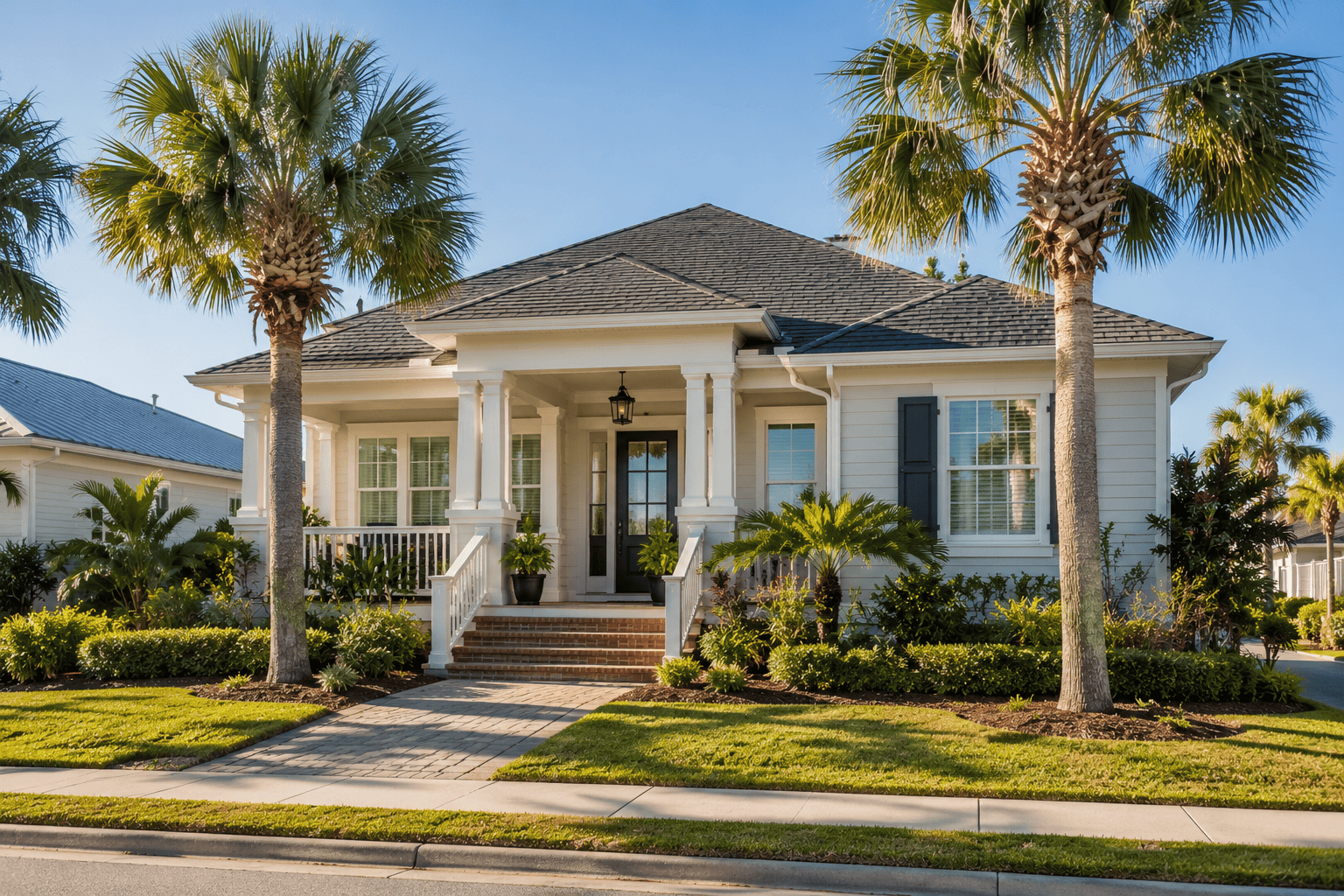 Pensacola coastal home with deep front porch and palm trees under clear blue sky