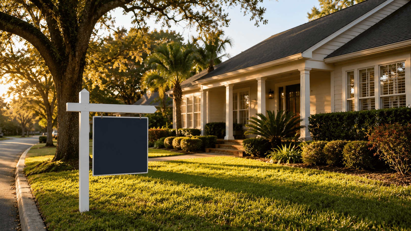 For sale sign in front of a well-maintained Pensacola home on a quiet residential street with mature oak trees and afternoon light