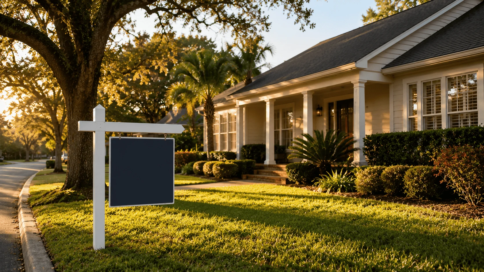 For sale sign in front of a well-maintained Pensacola home on a quiet residential street with mature oak trees and afternoon light