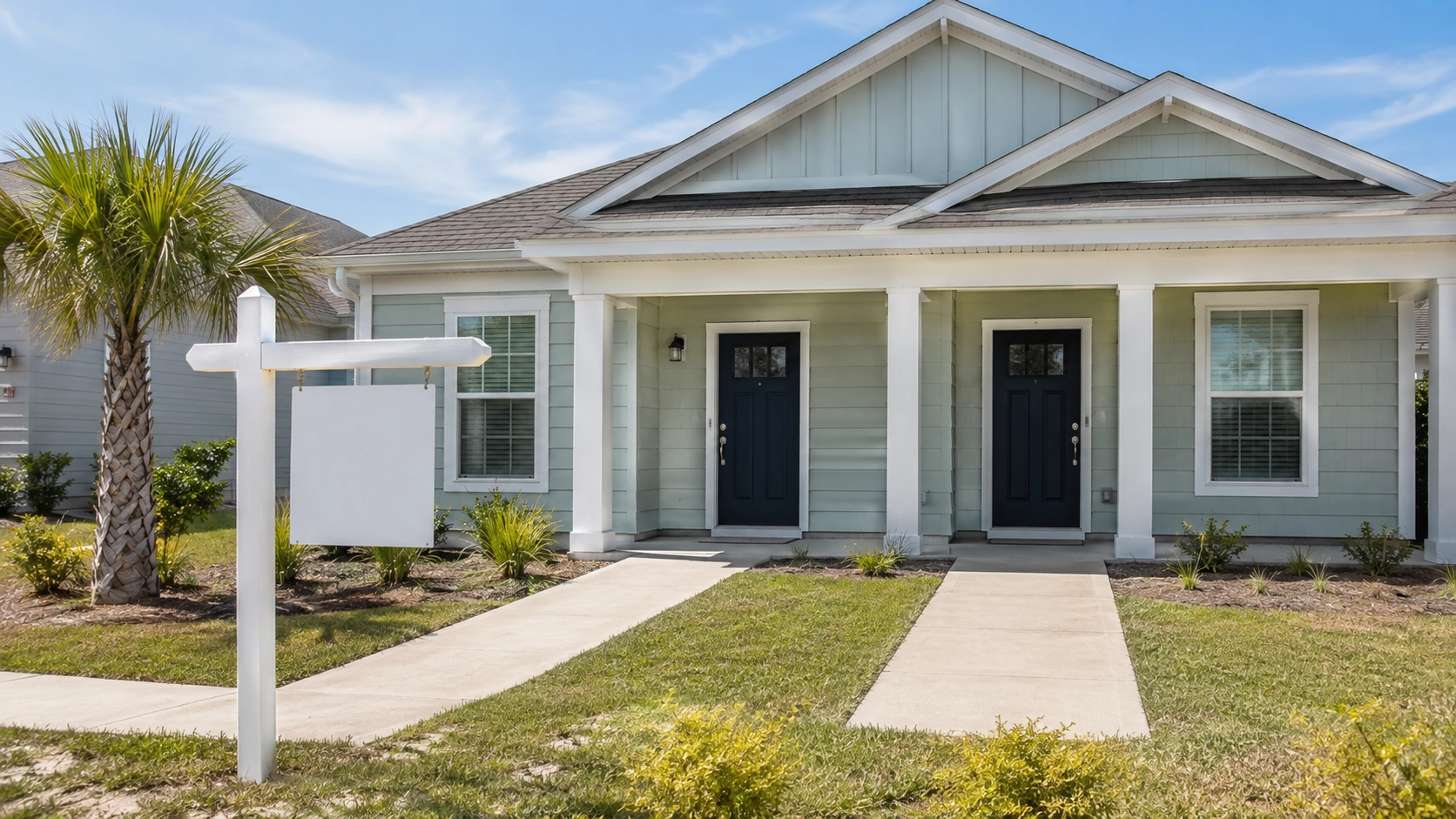 Well-maintained Pensacola rental duplex with a for-rent sign and neat landscaping
