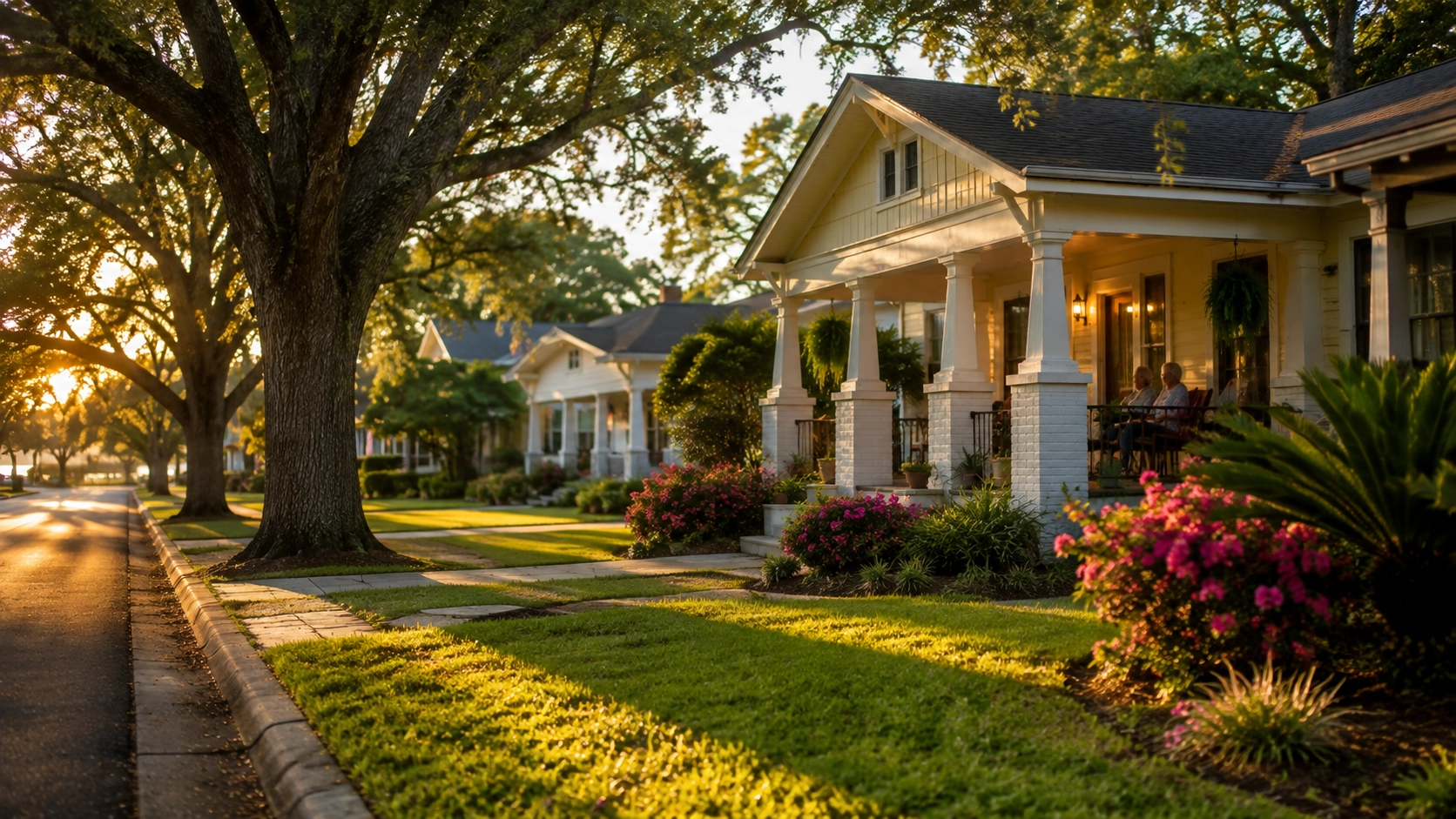 Peaceful Pensacola waterfront neighborhood with palm trees and warm afternoon light ideal for retirement living