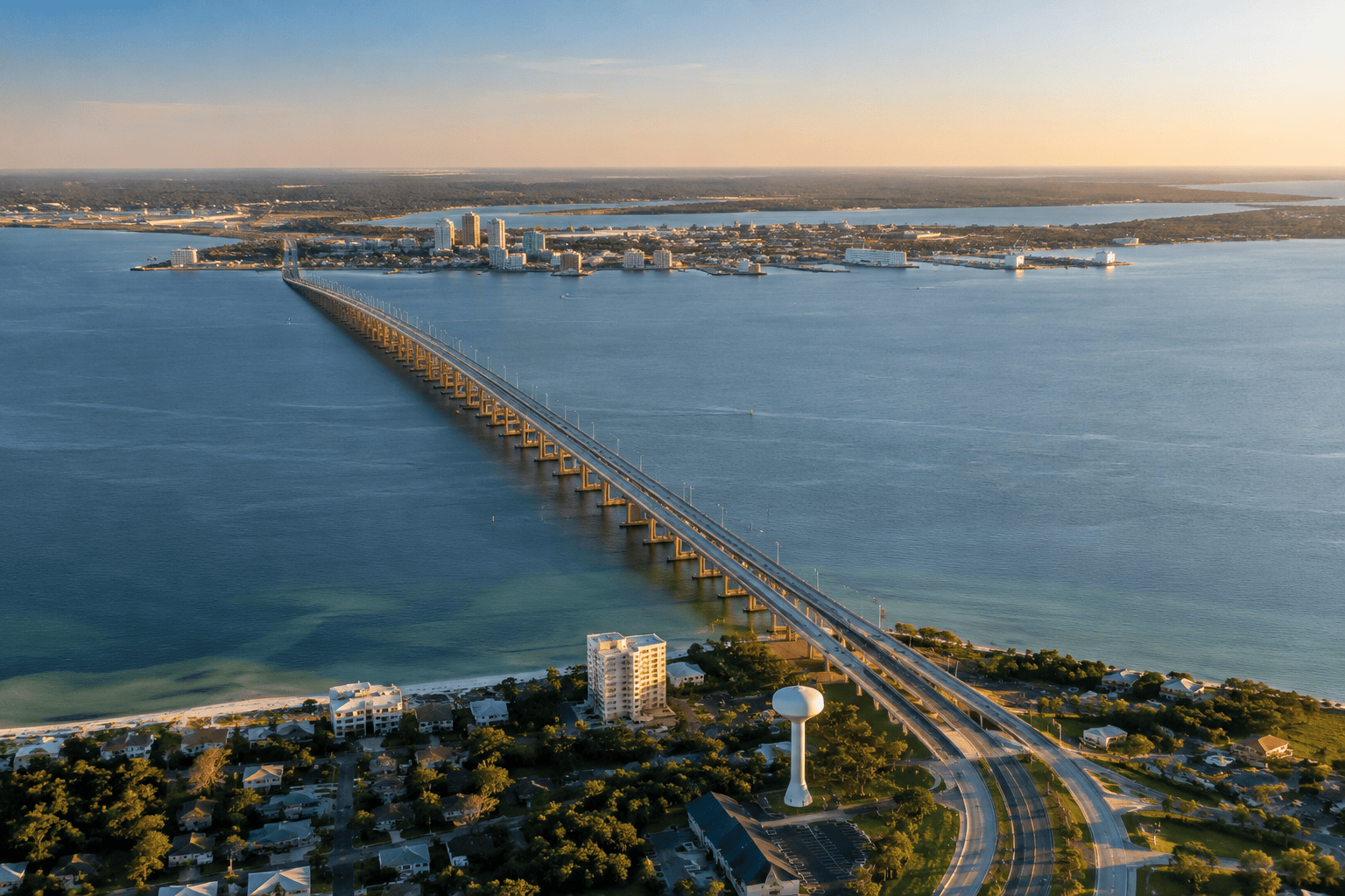 Aerial view of Pensacola Bay Bridge connecting Pensacola and Gulf Breeze with blue water and coastal communities on both sides