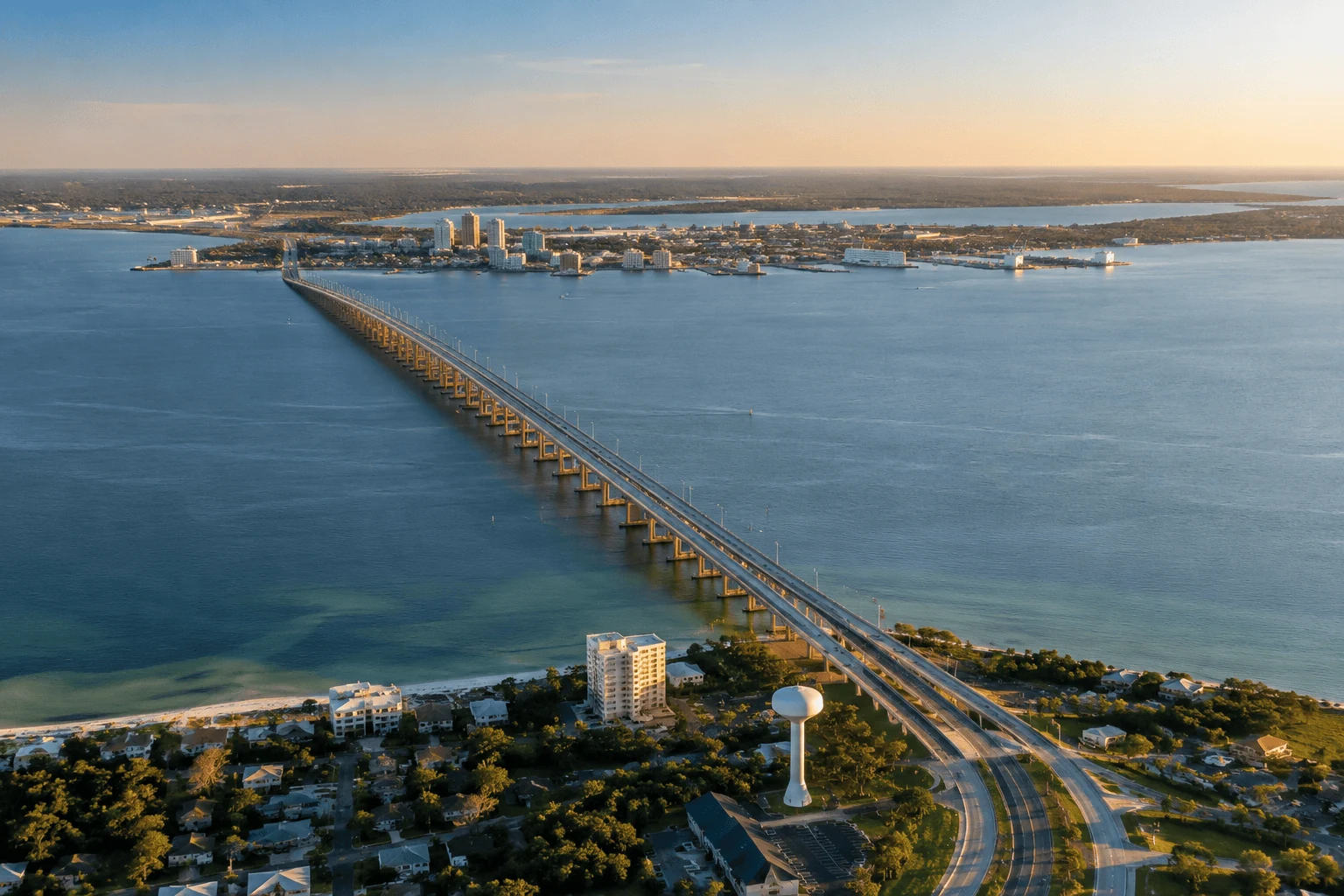 Aerial view of Pensacola Bay Bridge connecting Pensacola and Gulf Breeze with blue water and coastal communities on both sides