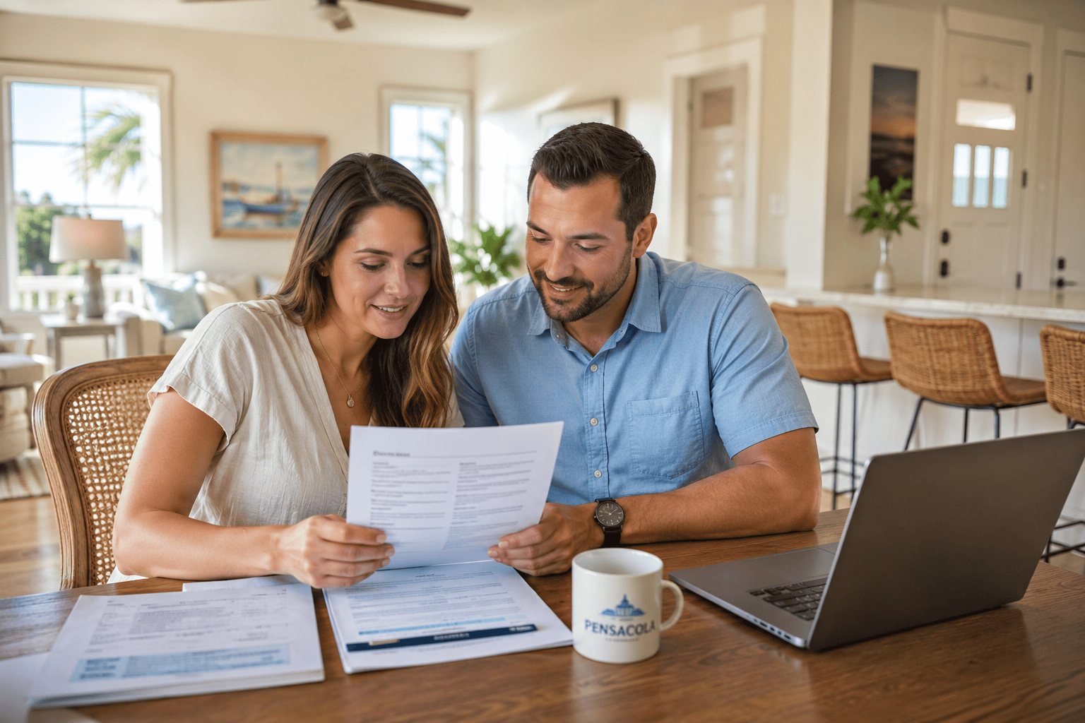 Couple reviewing documents at a table in a bright Pensacola home, preparing to make a real estate decision