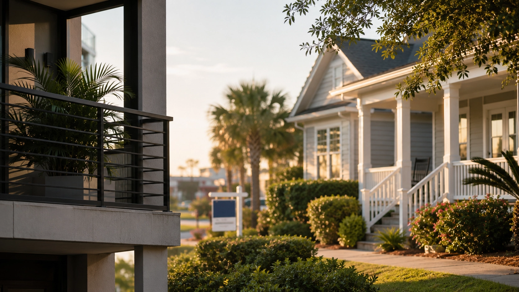Pensacola apartment balcony beside a single-family home for sale, illustrating the rent versus buy decision