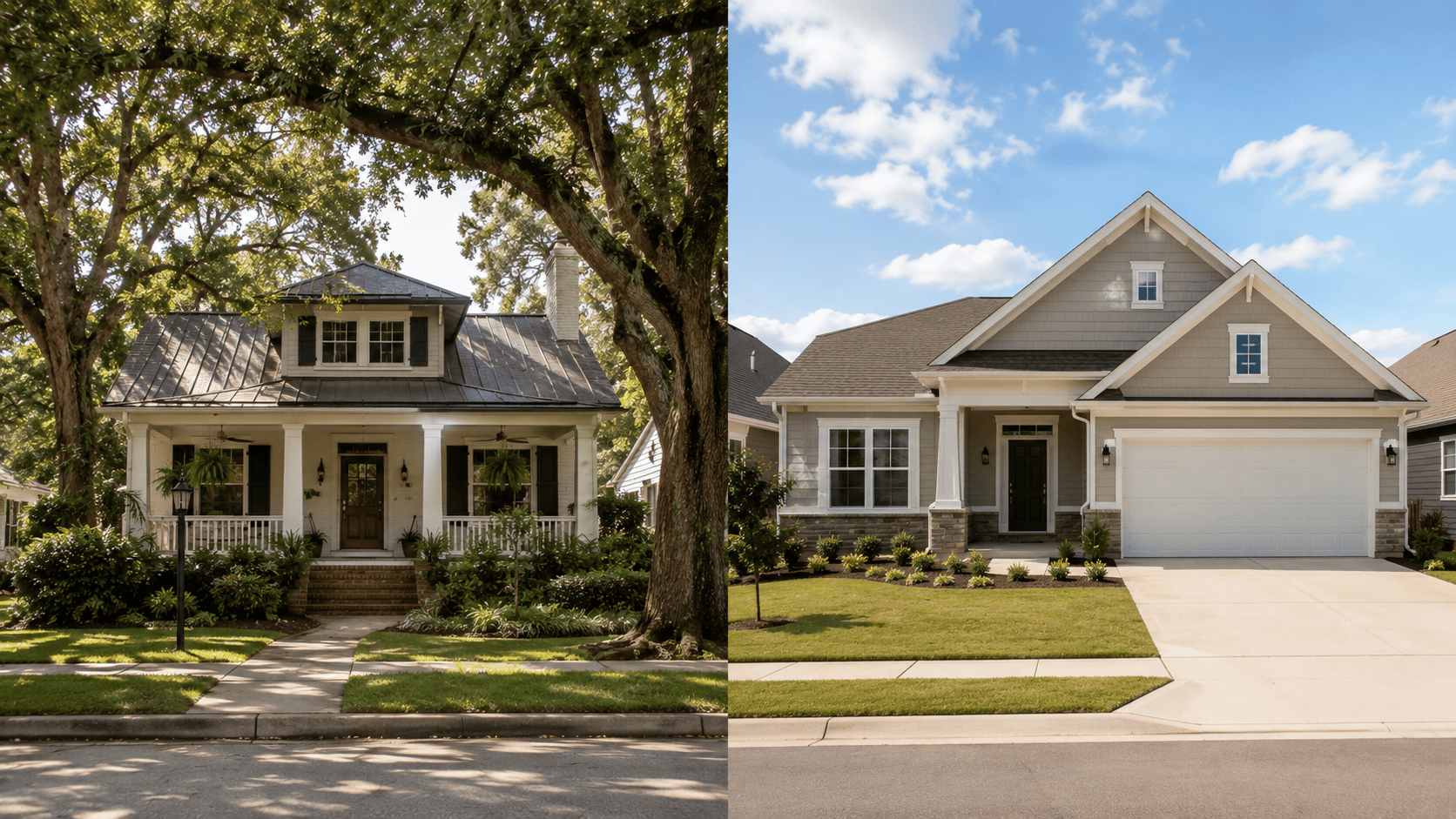 Split view of two Pensacola homes on different streets — one with mature trees and established landscaping, one in a newer subdivision — both with similar for-sale pricing