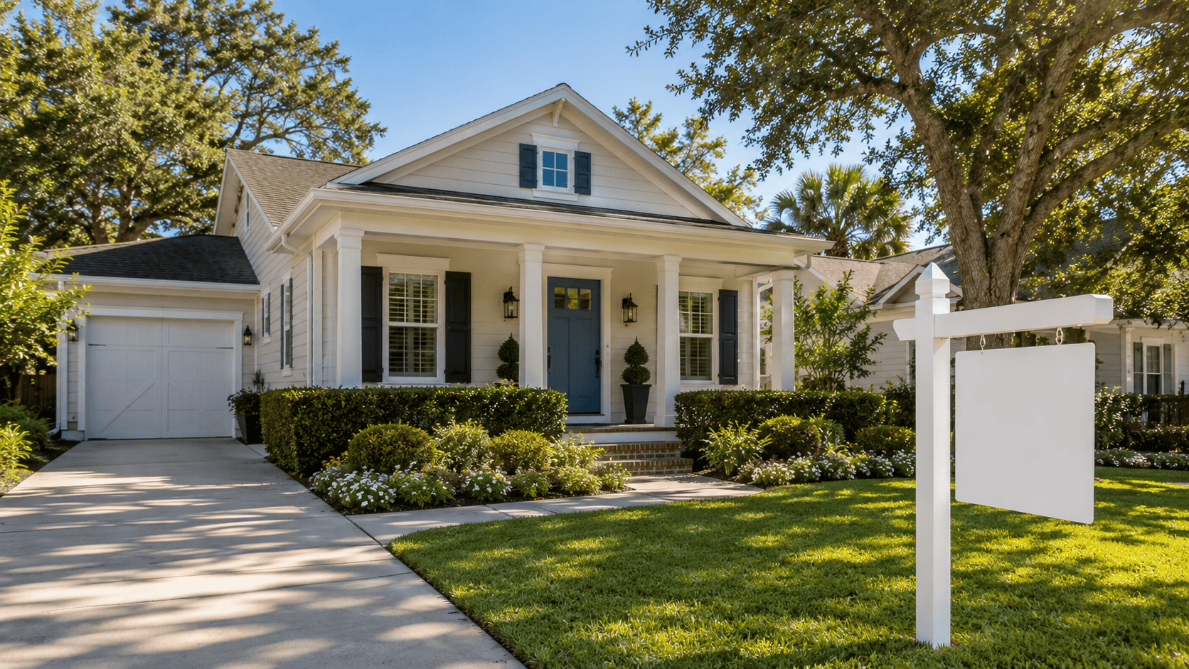 Well-prepared Pensacola home exterior with fresh landscaping, clean driveway, and a for-sale sign on a bright sunny morning
