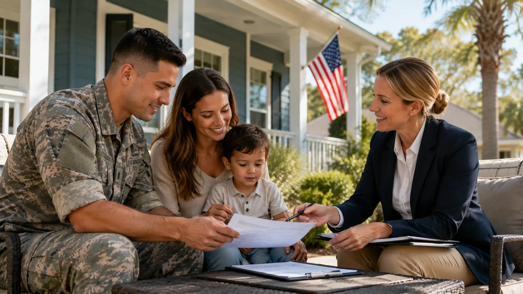 Military family reviewing paperwork with a real estate agent in front of a Pensacola home